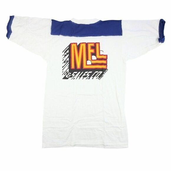 Vintage MEL Long Beach T Shirt Mens Size Small Blue 80s Ringer Tee Made In USA - Picture 1 of 7